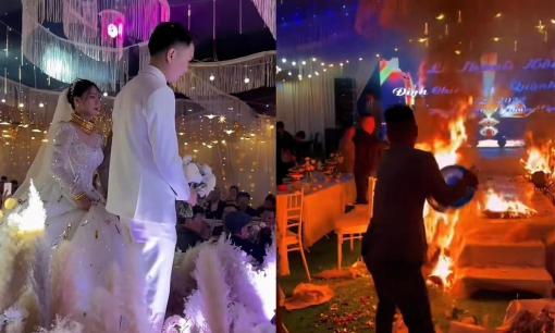 Đang tổ chức đám cưới, cô dâu - chú rể hốt hoảng vì sân khấu bốc cháy