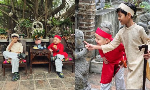 Trà My Idol tung ảnh 2 nhóc tì diện áo dài Tết: Cậu anh thần thái ngời ngời, cậu em vẫn giữ nét hài hước 