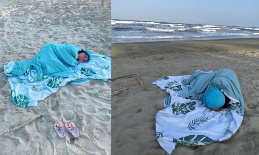 Dành dụm cả năm để đi du lịch, bà mẹ trẻ khiến dân mạng phì cười khi 'ngủ nướng' trên bãi biển