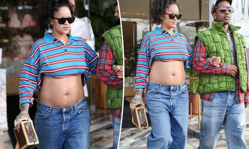 Rihanna cực sành điệu khi biến áo Polo kẻ sọc thành crop-top, không ngại khoe bụng bầu lần 2