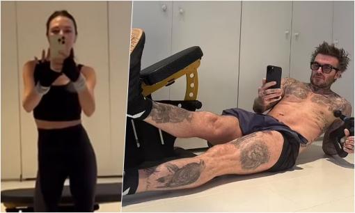 Victoria chọc ghẹo việc chồng David Beckham cứ đi lảng vảng xung quanh trong lúc cô đang tập luyện