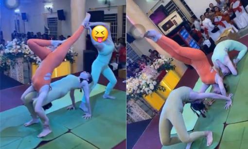 Loạt ảnh 3 người phụ nữ trình diễn yoga trên sân khấu tiệc cưới gây 'nóng mắt'