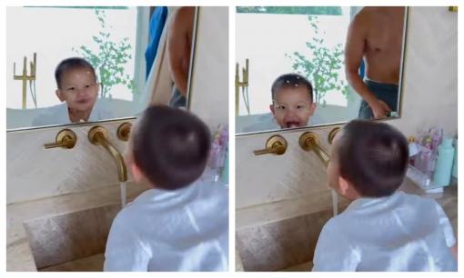 Leon nhà Hà Hồ đánh răng vẫn miệt mài tấu hài: Nhăn răng soi gương, đưa miệng hẳn vào vòi cực bá đạo