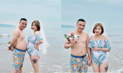 BTV Nguyễn Hoàng Linh diện đồ bơi, khoe bụng bầu 'vượt mặt' bên chồng