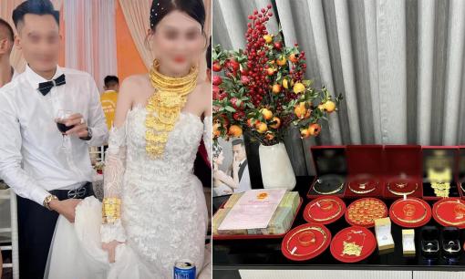Đám cưới ở Quảng Ninh gây choáng: Cô dâu đeo vàng trĩu cổ, sổ đỏ và tiền mặt đựng bằng khay 
