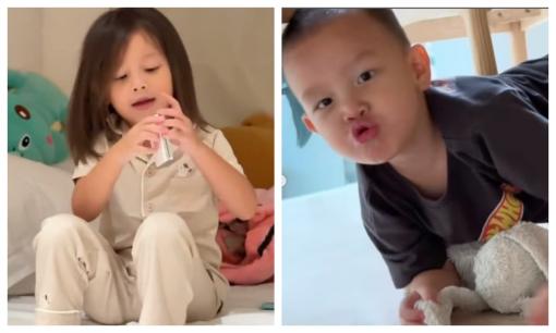 Cặp song sinh nhà Hà Hồ lại tấu hài: Lisa say mê diễn cảnh nói điện thoại, Leon chui hẳn xuống bàn làm trò 