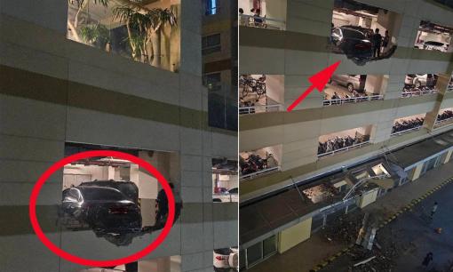 Nữ tài xế lùi ô tô tông thủng tường bãi đậu xe tầng 4 ở TP.HCM, nhìn cảnh tượng khiến dân tình thót tim 