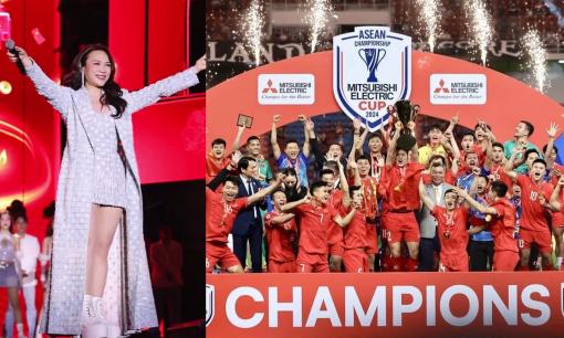Mỹ Tâm ăn mừng chức vô địch của đội tuyển Việt Nam ngay trên sân khấu cùng hàng nghìn khán giả