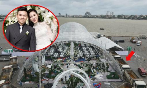 Hàng loạt xe tải vừa được điều động chắn quanh rạp cưới của Hoa hậu Đỗ Thị Hà và chồng thiếu gia, chuyện gì đã xảy ra?