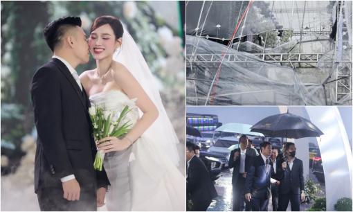 Rạp cưới 2.300 m2 của Hoa hậu Đỗ Thị Hà bị rách bung trong mưa lớn, nhiều người đội ô đến dự