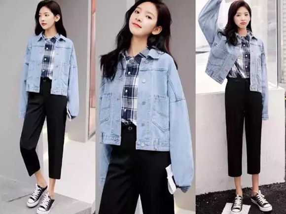 trang phục thu, áo denim jacket, quần culottes