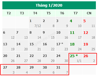Lịch nghỉ tết 2020, Tết nguyên đán 2020, Tết dương lịch, Lịch nghỉ lễ 2020