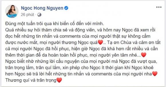 Hồng Ngọc tiết lộ sức khỏe hiện tại sau 1 tuần bị bỏng nặng ở mặt và ngực