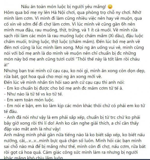 Dân mạng tranh cãi chuyện cô gái bị người yêu mắng vì nấu toàn đồ luộc khi ra mắt bố mẹ chồng tương lai