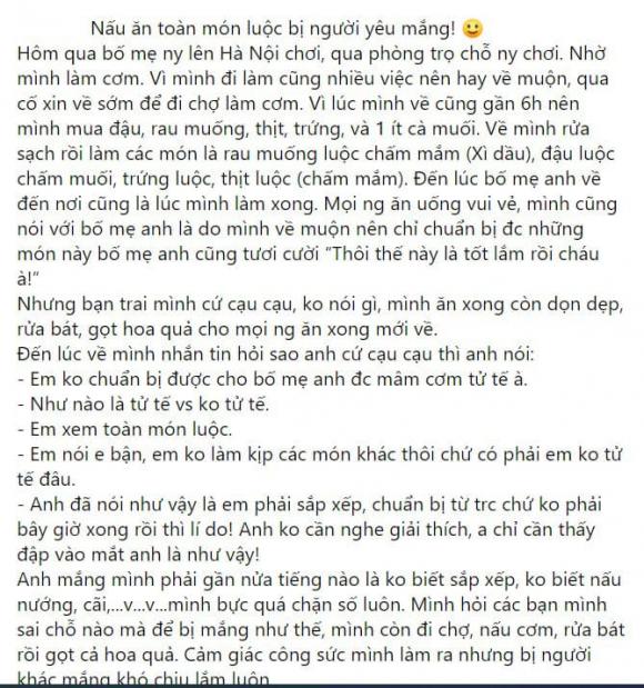 mâm cơm toàn đồ luộc, ra mắt bố mẹ người yêu, ra mắt bố mẹ