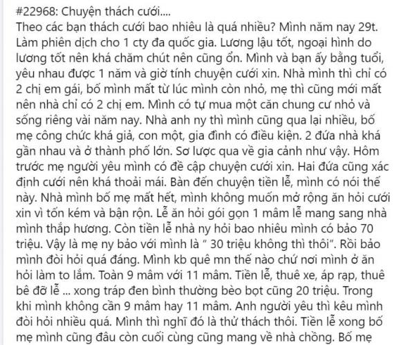 Tranh cãi chuyện cô gái thách cưới 70 triệu nhưng nhà trai tuyên bố '30 triệu, không thì hủy cưới'