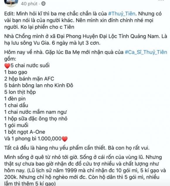 Thuỷ Tiên, cứu trợ miền Trung, quà cứ trợ, từ thiện