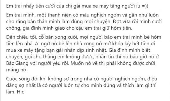 trộm tiền đám cưới chị gái, mua xe máy cho người yêu, lấy tiền chị tặng quà bạn gái