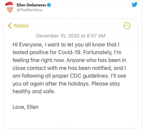 Ellen DeGenere, Ellen DeGenere nhiễm Covid-19, Covid-19