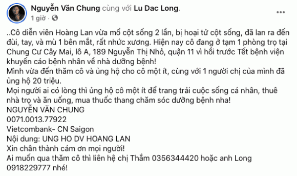 Hoàng Lan, Nguyễn Văn Chung, kêu gọi hỗ trợ, sao Việt