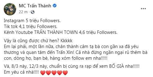 Trấn Thành, Trấn Thành Town, tiktok, instagram nghệ sĩ, ông hoàng MXH Việt, 