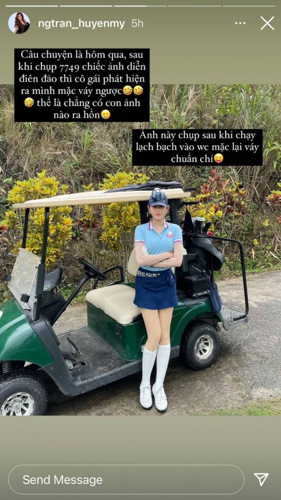Á hậu Huyền My gặp tai nạn mặc ngược váy khi đi chơi Golf