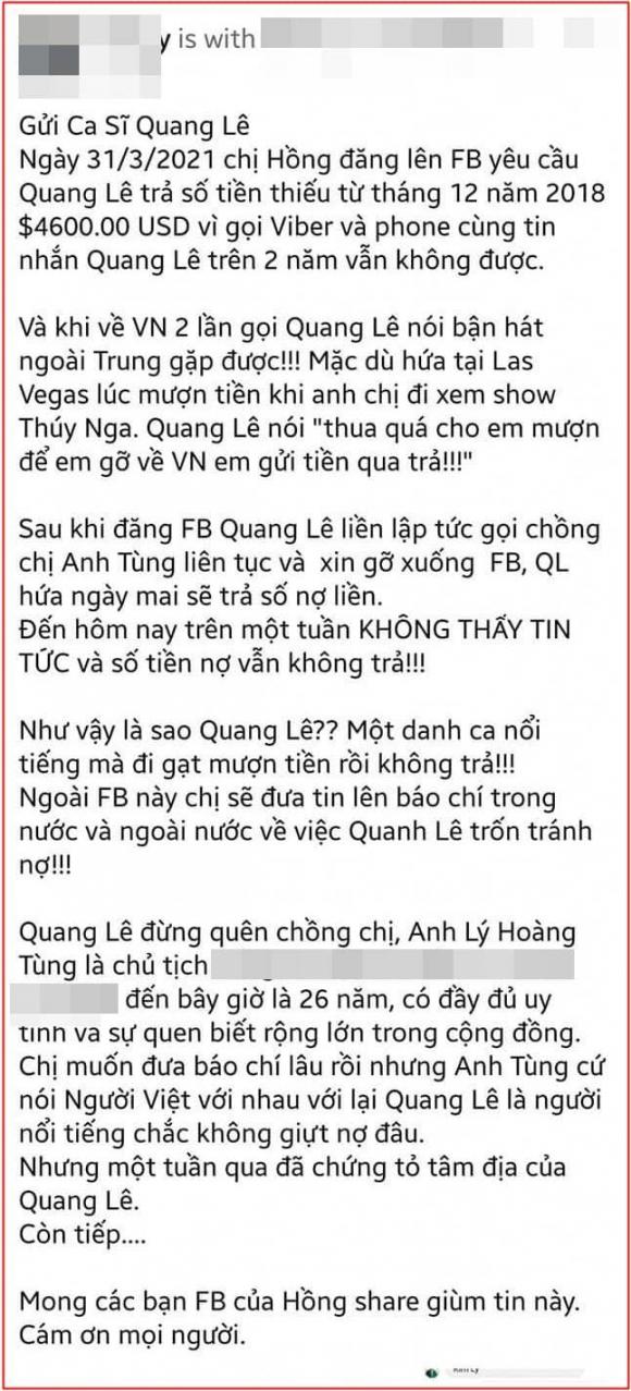Ca sĩ Quang Lê, Quang Lê, Xù nợ, Sao Việt