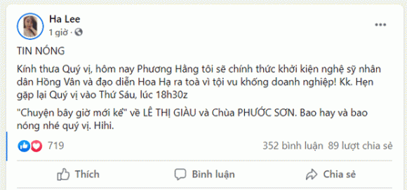 NSND Hồng Vân, NSƯT Hoa Hạ, bà Phương Hằng, Facebook, khởi kiện, sao Việt