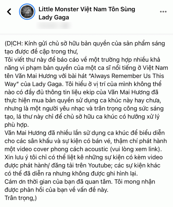 Văn Mai Hương, Lady Gaga, Always remember us this way, bản quyền âm nhạc, sao Việt,