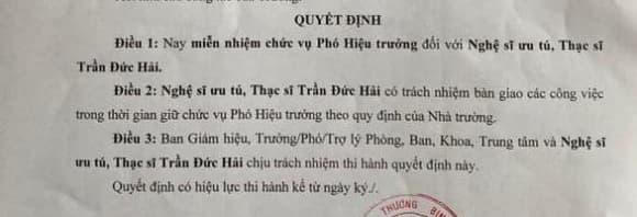 NSƯT Đức Hải, miễn nhiệm Phó hiệu trưởng, tước danh hiệu NSƯT