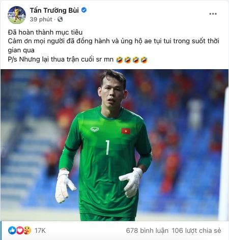 Thủ môn Tấn Trường xin lỗi vì để thua UAE, triệu fan Việt ùa vào động viên