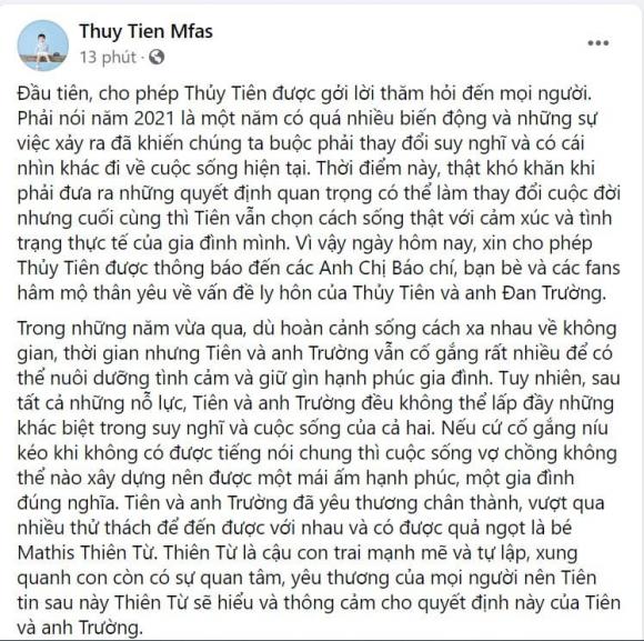 Thủy Tiên, vợ Đan Trường, Đan Trường ly hôn