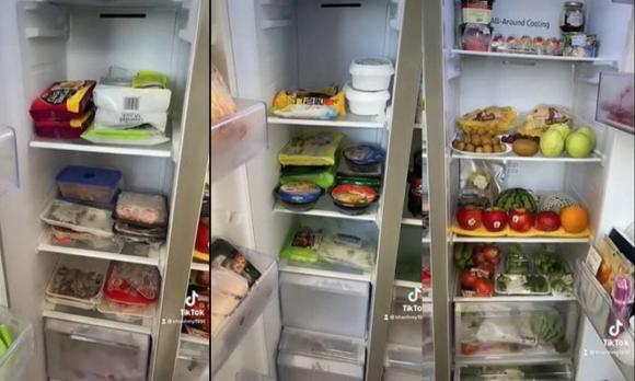 Khánh My khoe tủ lạnh đầy ắp thực phẩm dự trữ.