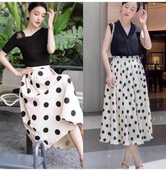 D1909 : Set bộ áo sơ mi chấm bi cổ vuông + chân váy xòe - yishop.com.vn