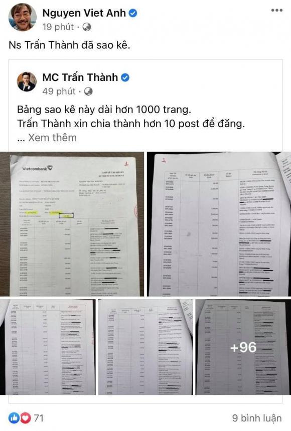 Trấn Thành, Nam MC, Sao Việt, Sao kê, NSND Việt Anh