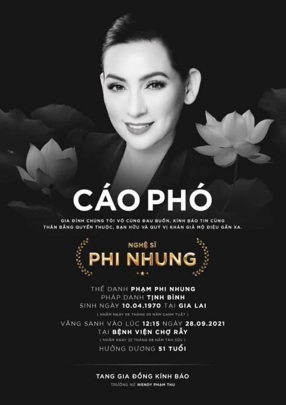 Wendy Phạm, Phi Nhung, Sao Việt, Nữ ca sĩ, Qua đời