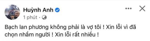 Huỳnh Anh đăng dòng trạng thái chia tay Bạch Lan Phương.