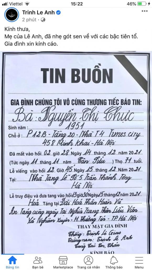 MC Lê Anh, mẹ MC Lê Anh qua đời, sao Việt