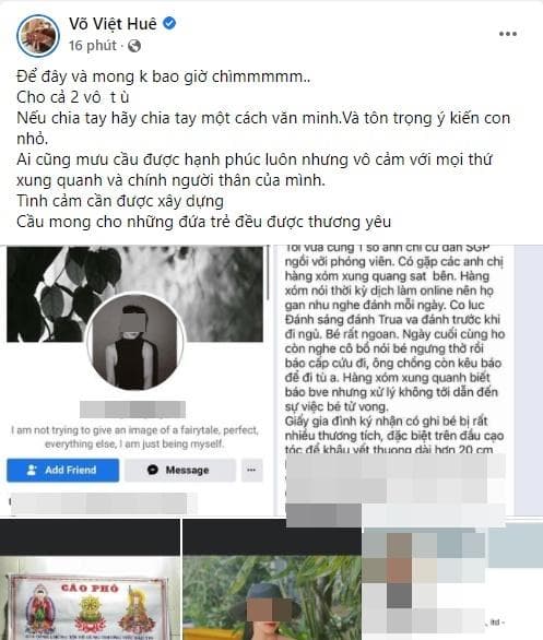 Bà xã Lê Hoàng - The Men là Việt Huê cũng bức xúc chia sẻ câu chuyện đau thương nhưng đầy phẫn nộ này
