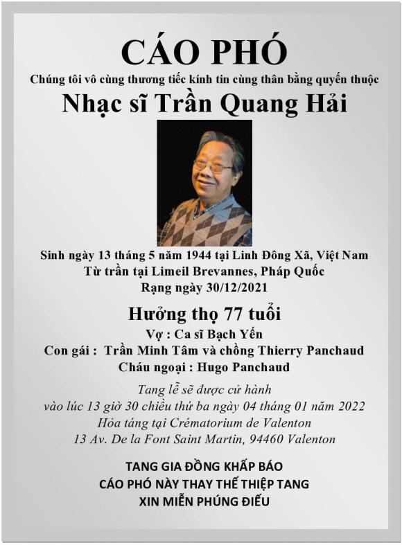 giáo sư âm nhạc Trần Quang Khải, chồng danh ca Bạch Yến qua đời, danh ca Bạch Yến
