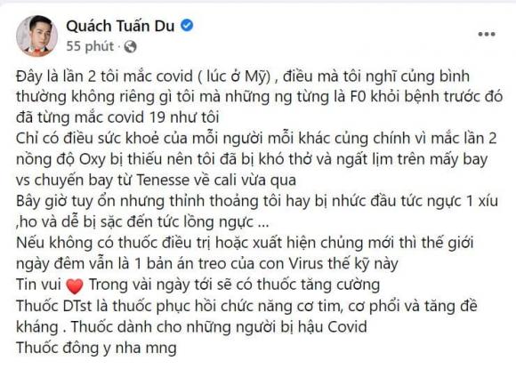 Ca sĩ Quách Tuấn Du chia sẻ nhiễm Covid-19 lần 2 khiến dân tình bất ngờ.