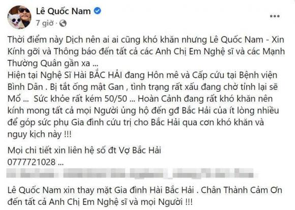 Lê Quốc Nam thông báo tình hình sức khỏe của nghệ sĩ hài Bắc Hải.