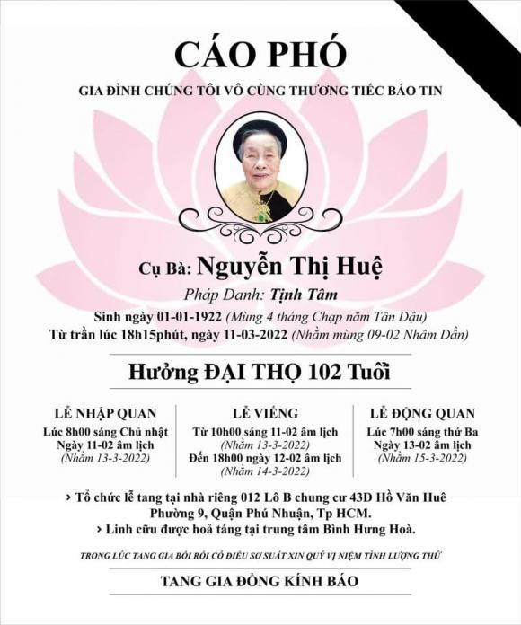 Thông tin tang lễ của bà nội ca sĩ Quang Hà.
