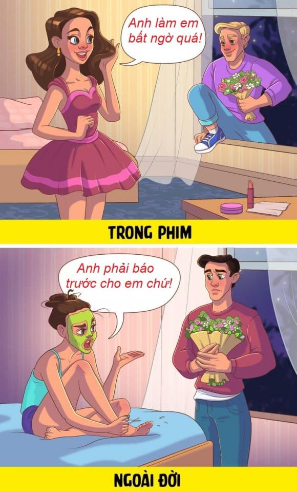 sự khác biệt giữa tình yêu trong phim và ngoài đời, tình yêu, bộ tranh, tranh minh họa, tình yêu ngoài đời