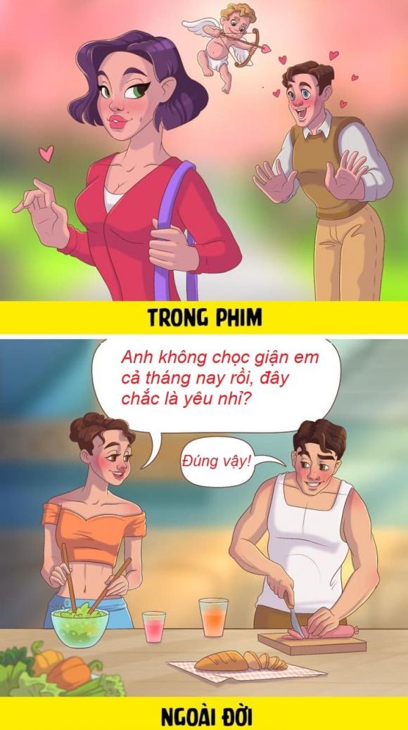 sự khác biệt giữa tình yêu trong phim và ngoài đời, tình yêu, bộ tranh, tranh minh họa, tình yêu ngoài đời