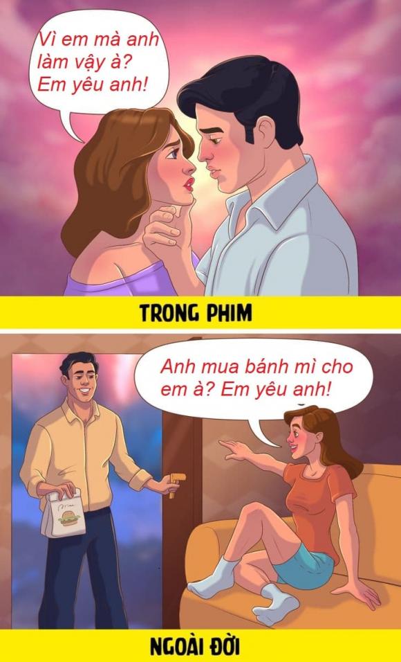 sự khác biệt giữa tình yêu trong phim và ngoài đời, tình yêu, bộ tranh, tranh minh họa, tình yêu ngoài đời