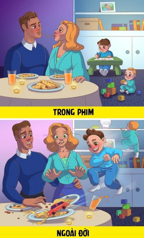sự khác biệt giữa tình yêu trong phim và ngoài đời, tình yêu, bộ tranh, tranh minh họa, tình yêu ngoài đời