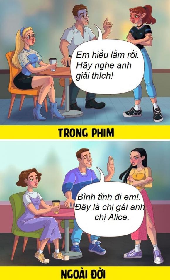 sự khác biệt giữa tình yêu trong phim và ngoài đời, tình yêu, bộ tranh, tranh minh họa, tình yêu ngoài đời