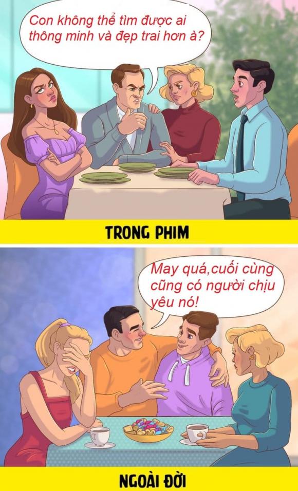 sự khác biệt giữa tình yêu trong phim và ngoài đời, tình yêu, bộ tranh, tranh minh họa, tình yêu ngoài đời