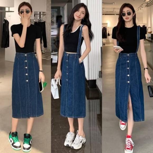 váy denim, áo sơ mi, cách kết hợp chân váy denim